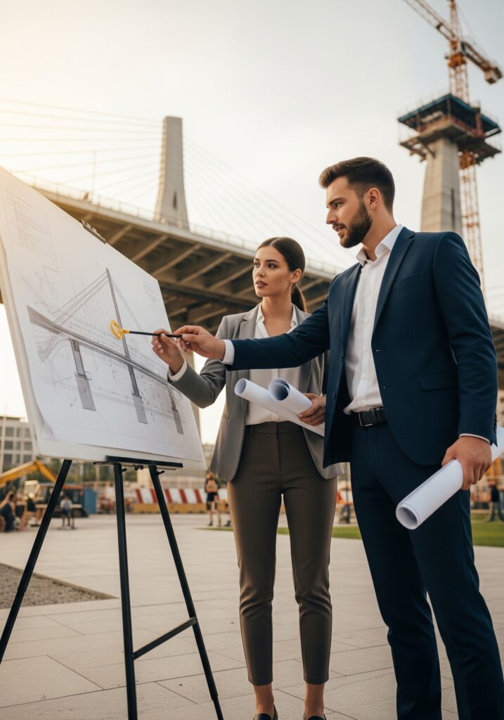 Projektanti mostu, jeřáb, most, architekt